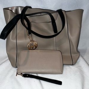 MKF Mia Farrow taupe/black Tote and Wallet Set NWOT